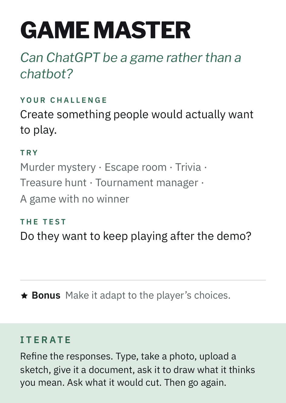 Game Master Challenge Card, front