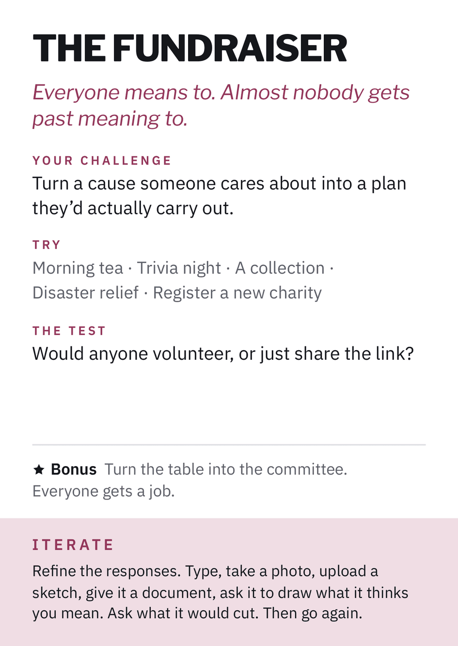 The Fundraiser Challenge Card, front