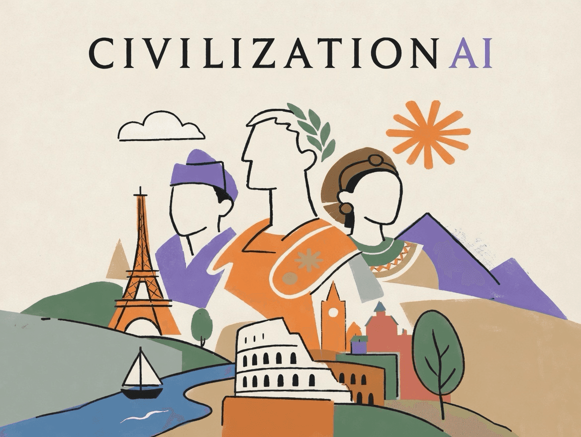 CivilizationAI illustration: figures with Eiffel Tower, Colosseum and a sun motif on a cream background.