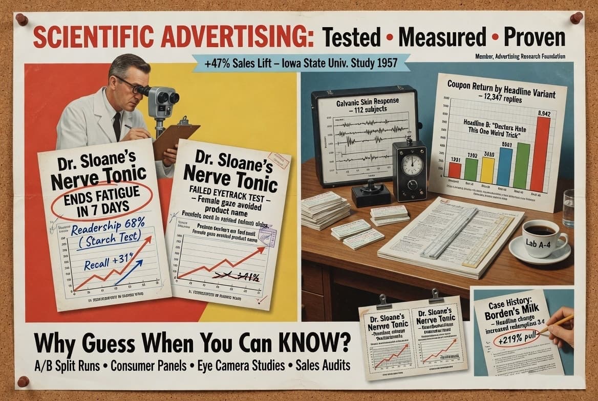 Vintage 1950s-style 'Scientific Advertising: Tested. Measured. Proven.' poster showing split-test results, galvanic skin response readings, coupon return charts, and case histories.