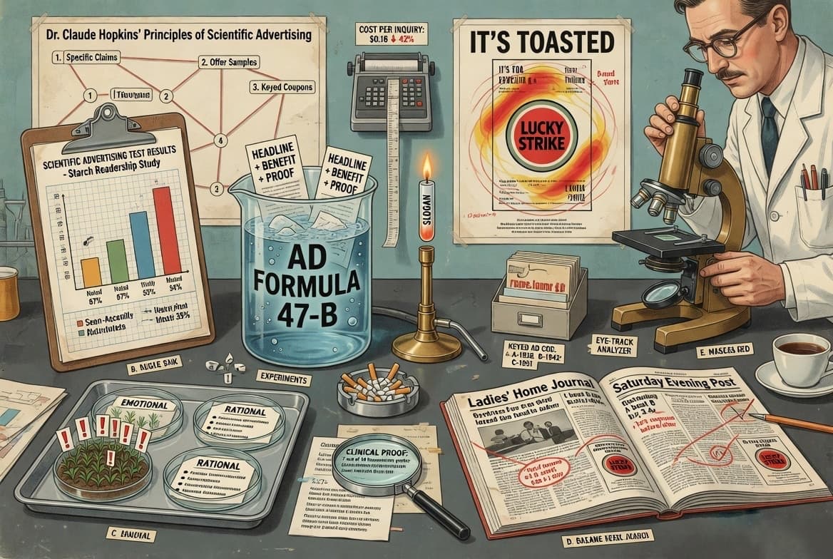 Stylised vintage illustration of a scientific advertising lab desk: Dr. Claude Hopkins' Principles chart, an Ad Formula 47-B beaker, a microscope, a Lucky Strike 'It's Toasted' poster, and copies of Ladies' Home Journal and the Saturday Evening Post.