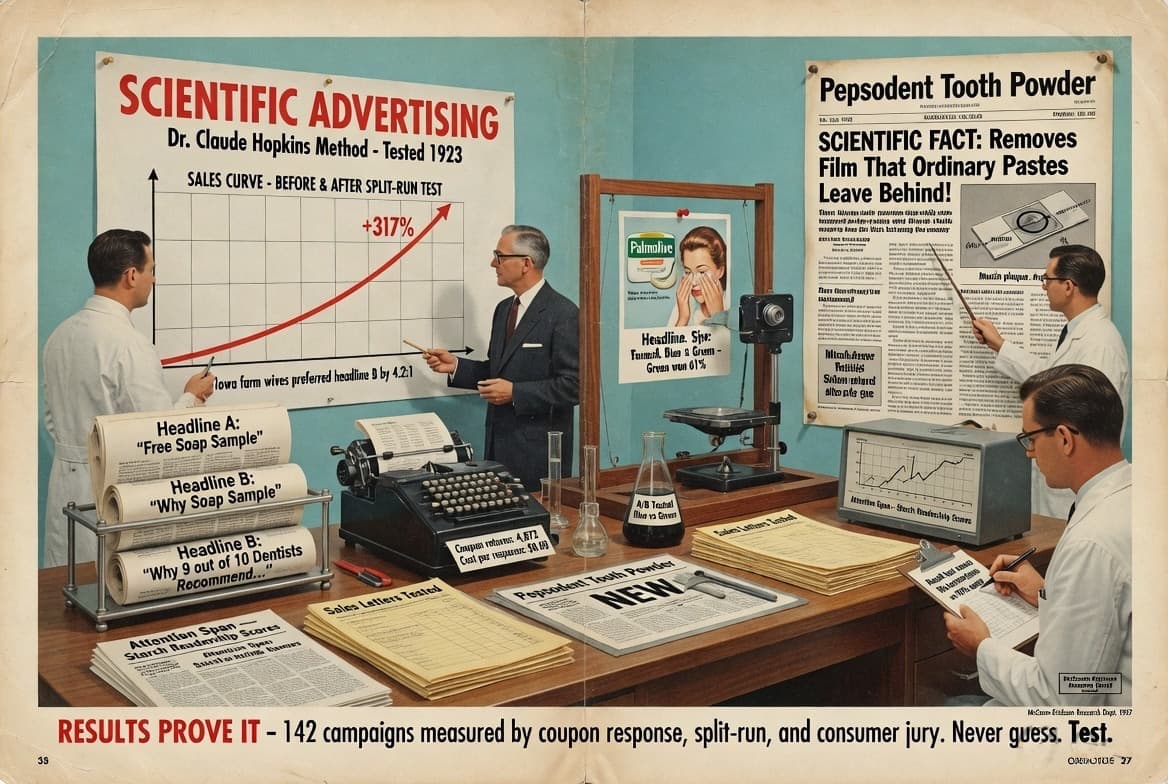 Stylised vintage illustration of a 1920s ad-testing laboratory: two scientists analyse a Claude Hopkins split-run test for Pepsodent Tooth Powder, with headline variants pinned to a rack ('Free Soap Sample' vs 'Why 9 out of 10 Dentists Recommend...'), a +317 percent sales curve, and the caption 'Results prove it: 142 campaigns measured by coupon response, split-run, and consumer jury. Never guess. Test.'