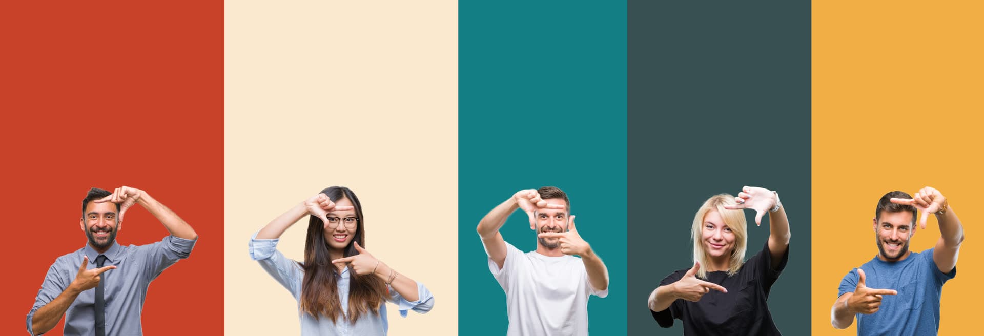 A composite panel of six people on colourful backgrounds making picture-frame gestures with their hands, framing themselves as if for a synthetic persona panel.