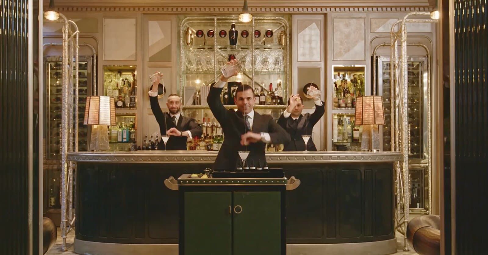 Bartenders mid-shake at The Connaught Bar, Mayfair.